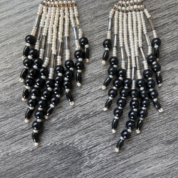 Black Silver Seed Bead Dangle Earrings Boho Fringe Handmade Style - Picture 2 of 4